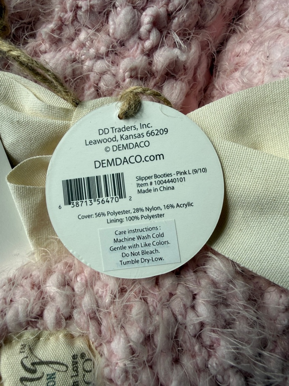 Demdaco Pink Fuzzy Giving Slippers with Cream Ribbon - Picture 3 of 3